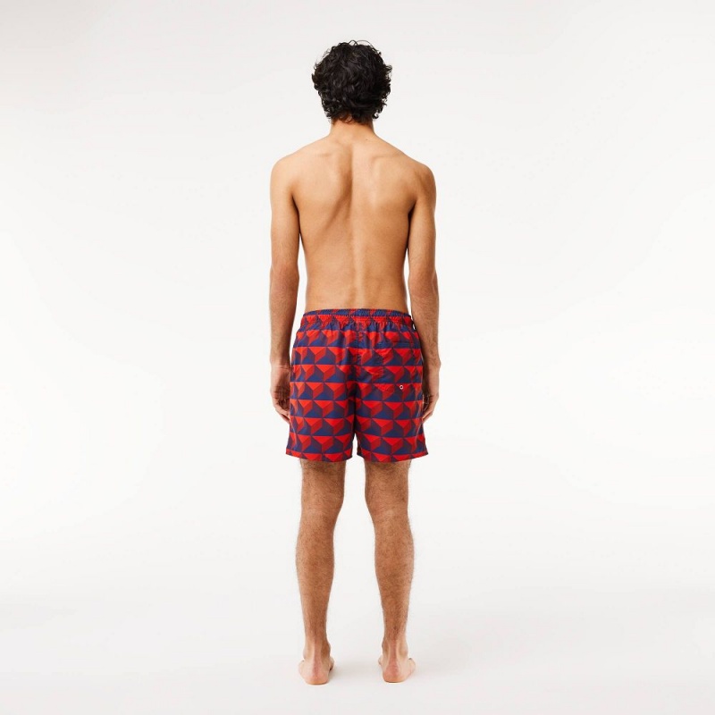 Men's Lacoste Patterned Swim Trunks Blue Bordeaux Red | PLO365471