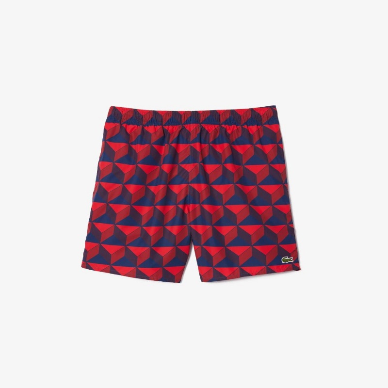 Men's Lacoste Patterned Swim Trunks Blue Bordeaux Red | PLO365471