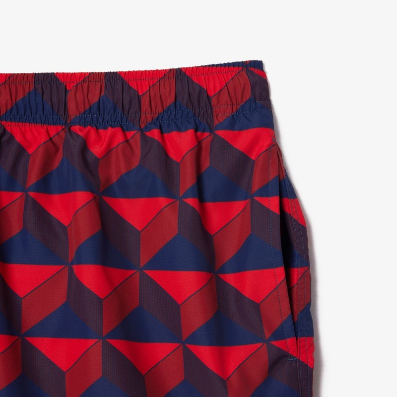 Men's Lacoste Patterned Swim Trunks Blue Bordeaux Red | PLO365471