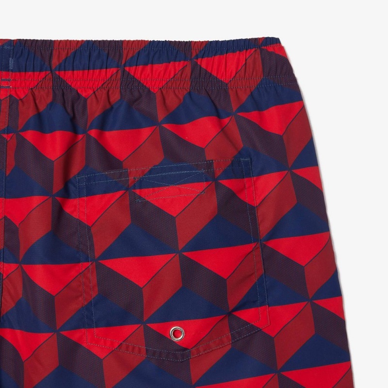 Men's Lacoste Patterned Swim Trunks Blue Bordeaux Red | PLO365471