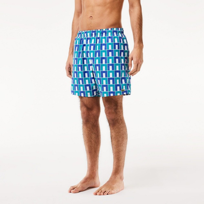 Men's Lacoste Patterned Swim Trunks White Blue Green | JDT529068