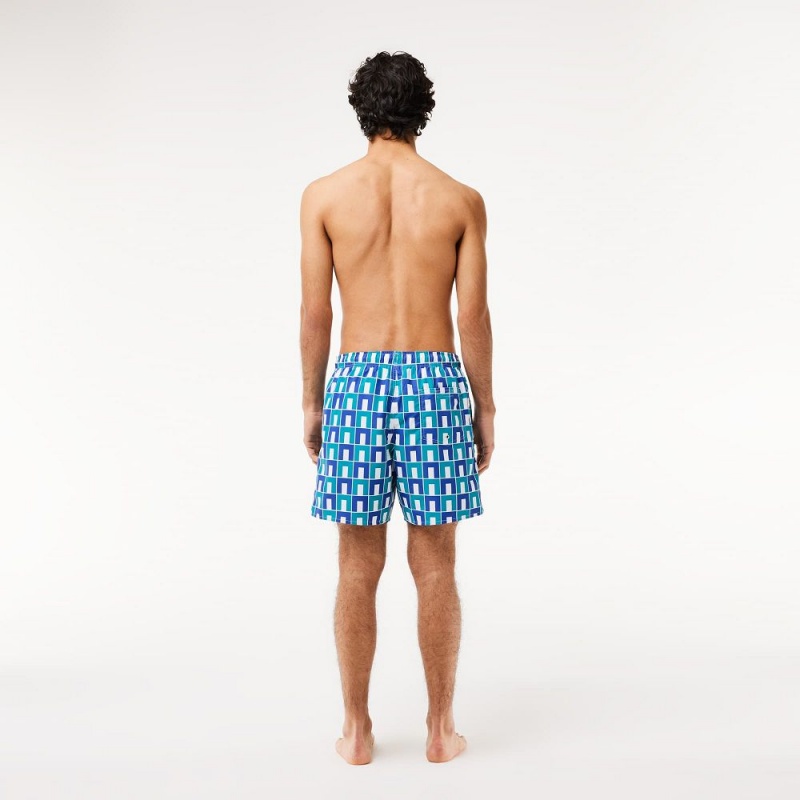 Men's Lacoste Patterned Swim Trunks White Blue Green | JDT529068