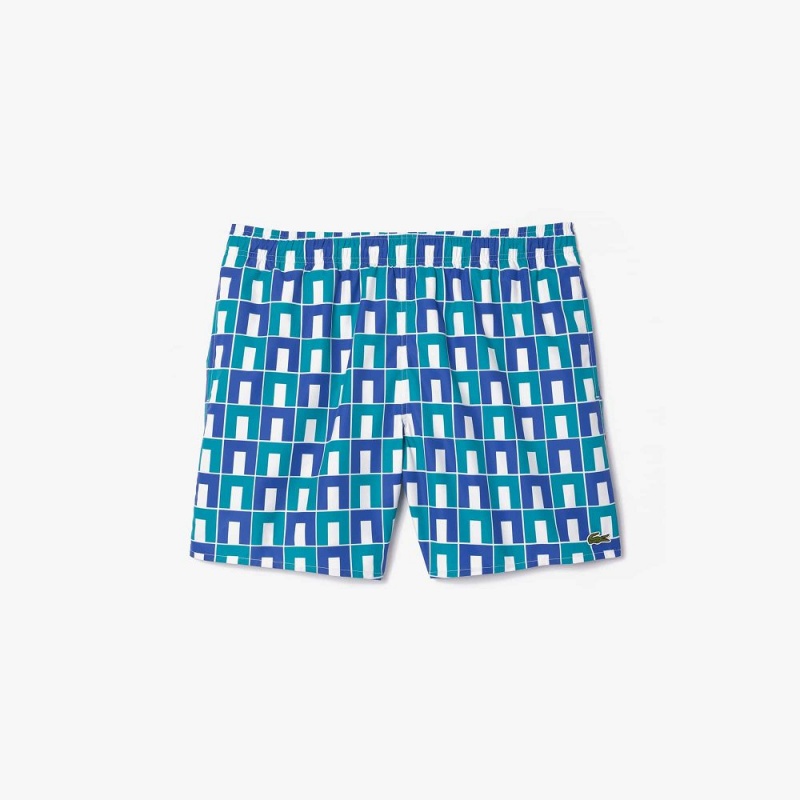 Men's Lacoste Patterned Swim Trunks White Blue Green | JDT529068