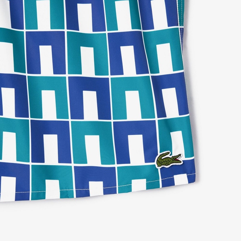 Men's Lacoste Patterned Swim Trunks White Blue Green | JDT529068