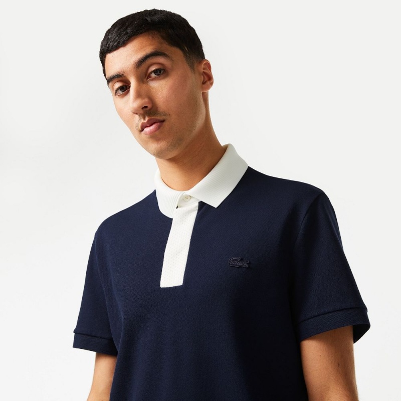 Men's Lacoste Petit Piqué Smart Paris Polo Shirts Navy Blue White | IFD316958