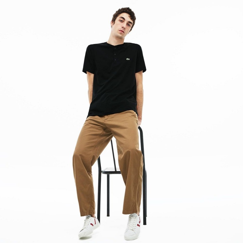 Men's Lacoste Pima Cotton Henley T-Shirt Black | OVT187349