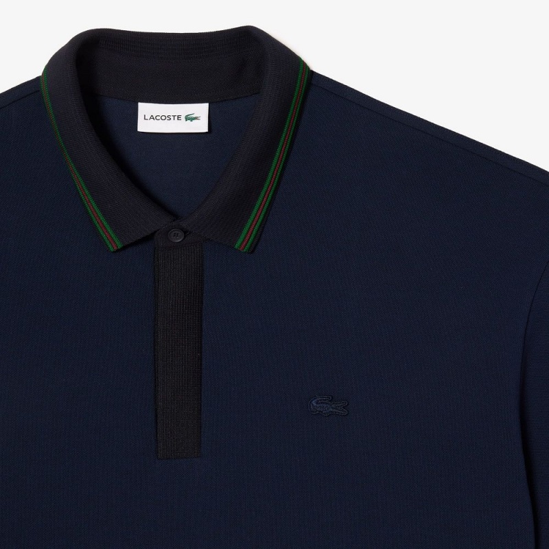 Men's Lacoste Plus Size - Big - Striped Piqué Collar Polo Shirts Navy Blue | KUA643852