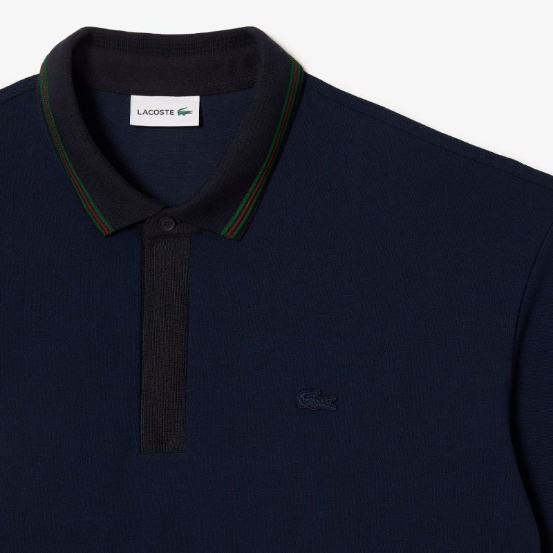 Men's Lacoste Plus Size - Tall - Striped Piqué Collar Polo Shirts Navy Blue | DFQ801793