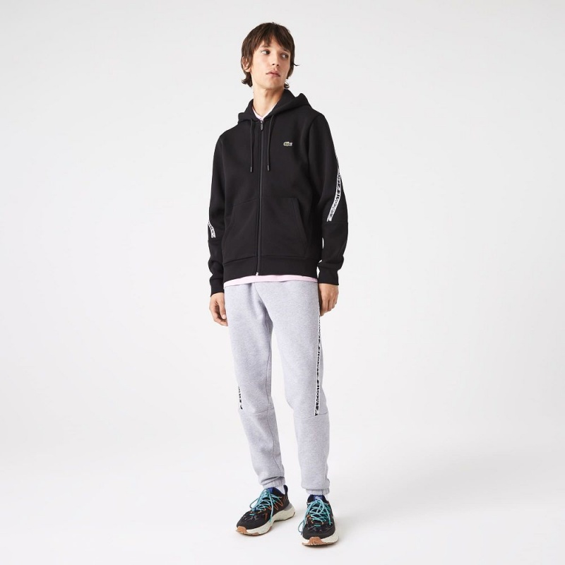 Men's Lacoste Printed Bands Zip-Up Hoodie Black | GPQ356804