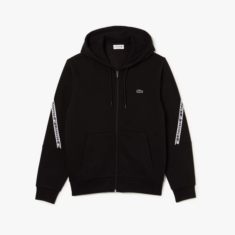 Men's Lacoste Printed Bands Zip-Up Hoodie Black | GPQ356804