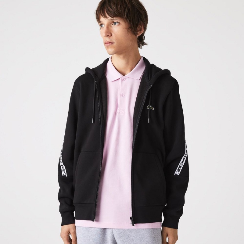 Men's Lacoste Printed Bands Zip-Up Hoodie Black | GPQ356804