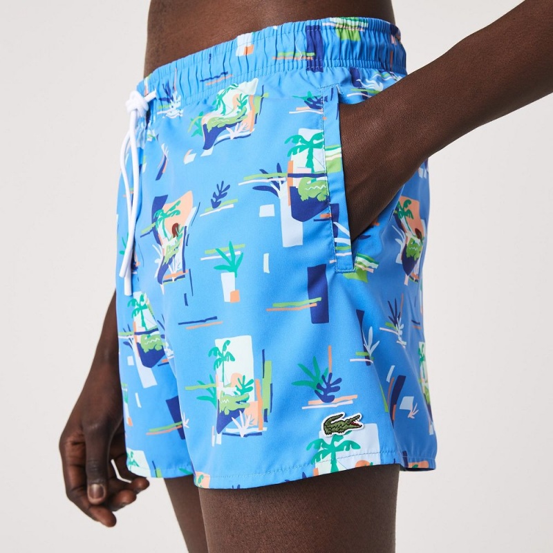 Men's Lacoste Printed Built-In Mesh Boxer Swim Trunks Blue White | WQS380251