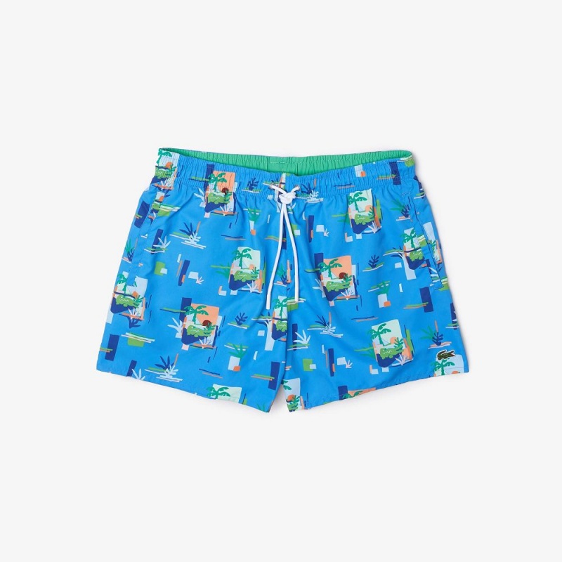 Men's Lacoste Printed Built-In Mesh Boxer Swim Trunks Blue White | WQS380251