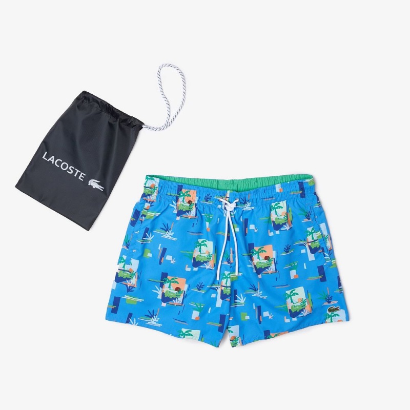 Men's Lacoste Printed Built-In Mesh Boxer Swim Trunks Blue White | WQS380251