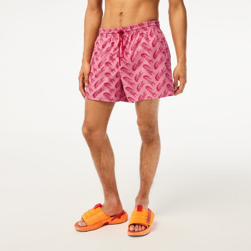 Men's Lacoste Printed Swim Trunks Red Pink | LOW387954