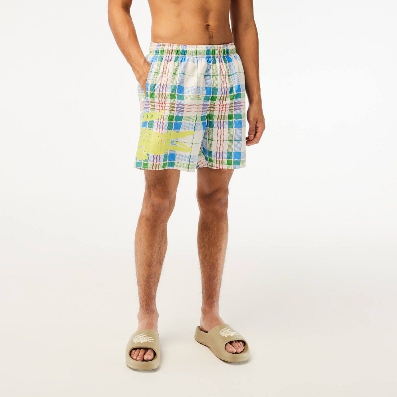 Men's Lacoste Quick-Dry Checked Swim Trunks White | TZC406732