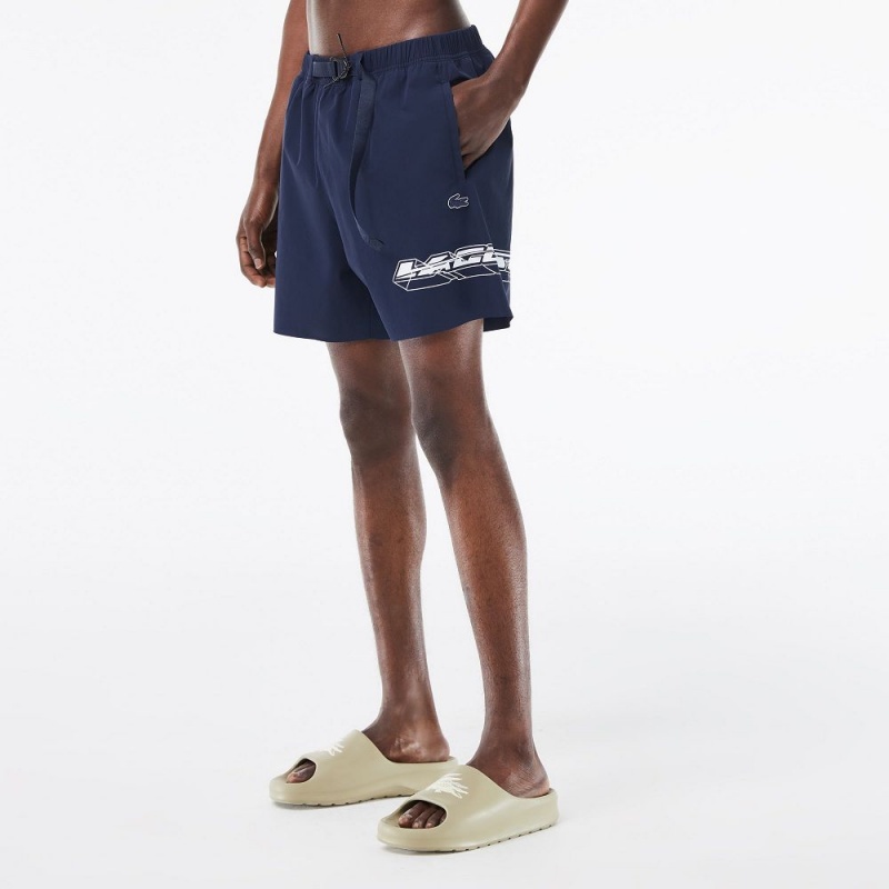 Men's Lacoste Quick-Dry Logo Stripe Swim Trunks Blue | QNB731582