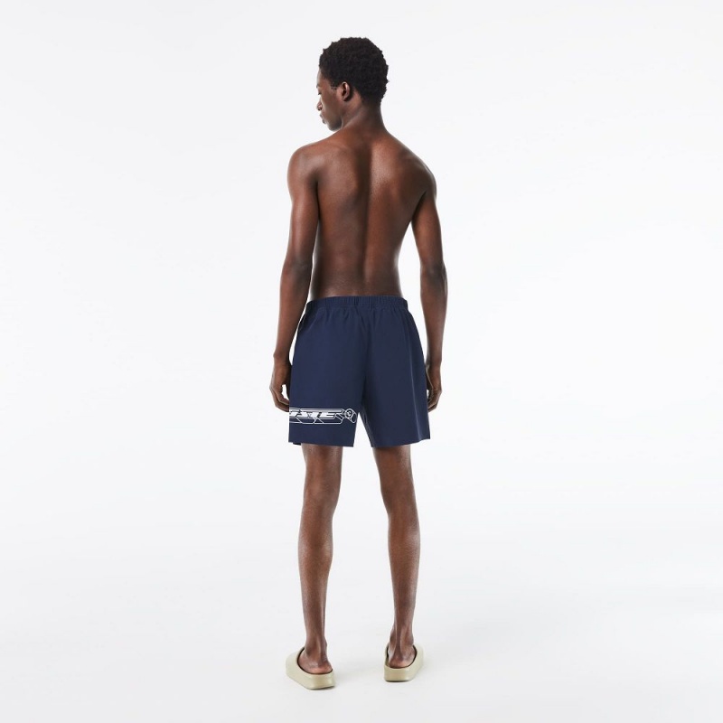 Men's Lacoste Quick-Dry Logo Stripe Swim Trunks Blue | QNB731582