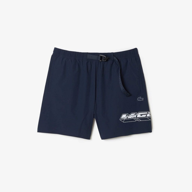 Men's Lacoste Quick-Dry Logo Stripe Swim Trunks Blue | QNB731582