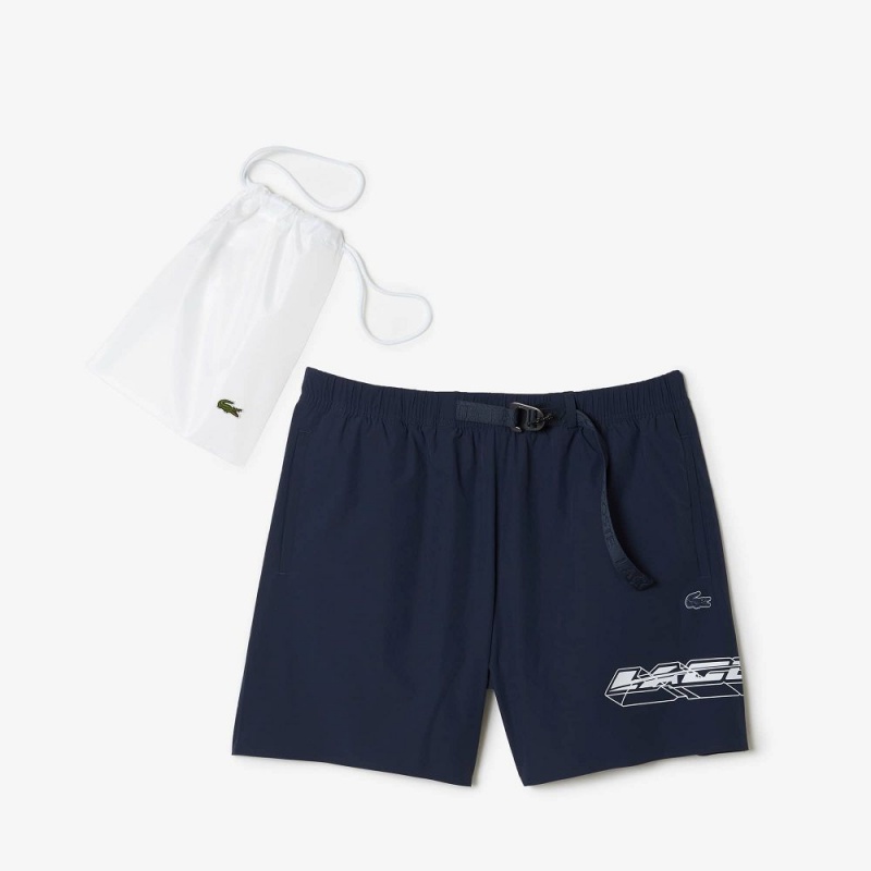 Men's Lacoste Quick-Dry Logo Stripe Swim Trunks Blue | QNB731582