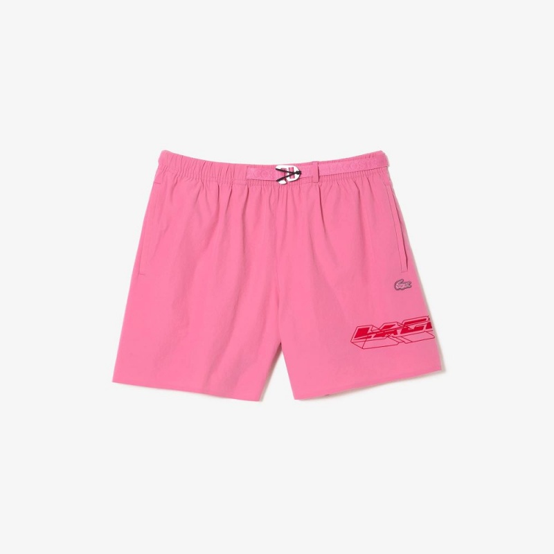 Men's Lacoste Quick-Dry Logo Stripe Swim Trunks Bubblegum pink | ZFA153496