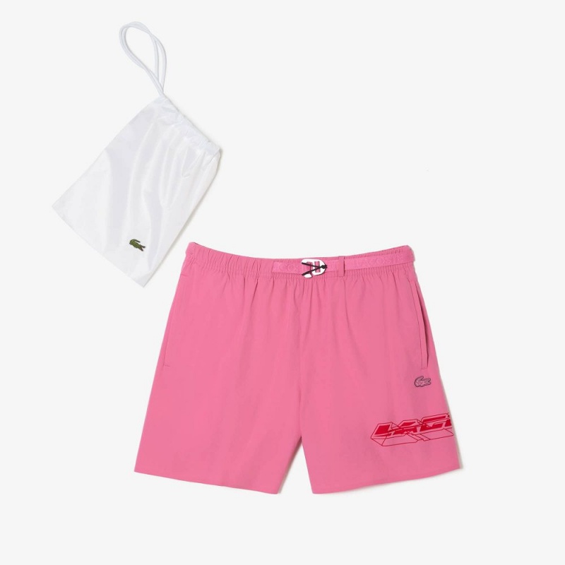 Men's Lacoste Quick-Dry Logo Stripe Swim Trunks Bubblegum pink | ZFA153496