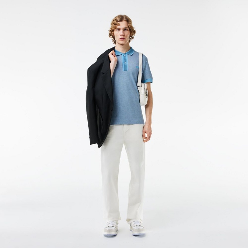 Men's Lacoste Regular Fit Contrast Collar Texturized Piqué Polo Shirts Blue White | EMC506238