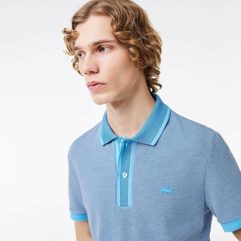 Men's Lacoste Regular Fit Contrast Collar Texturized Piqué Polo Shirts Blue White | EMC506238