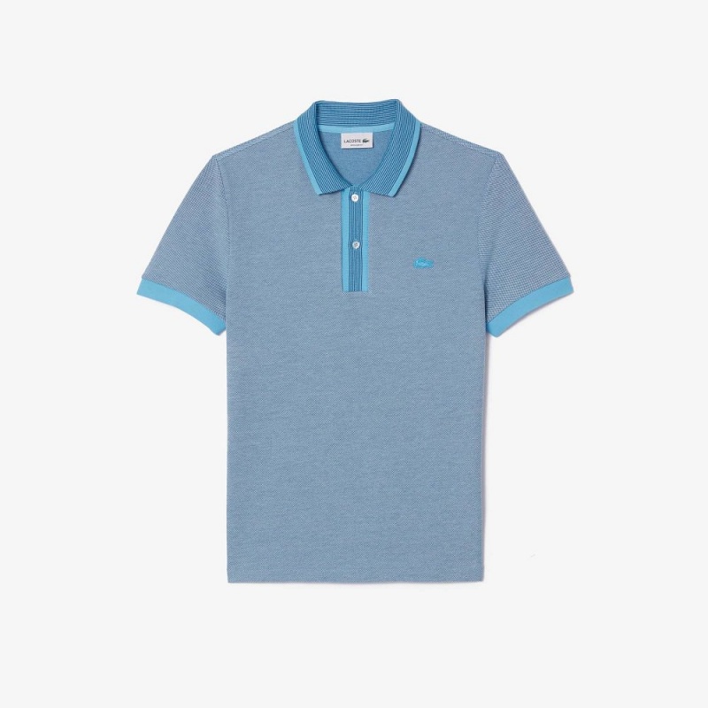 Men's Lacoste Regular Fit Contrast Collar Texturized Piqué Polo Shirts Blue White | EMC506238