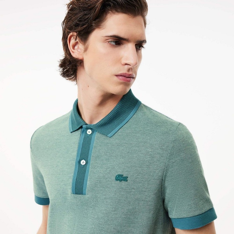 Men's Lacoste Regular Fit Contrast Collar Texturized Piqué Polo Shirts Green Blue White | EUD741095