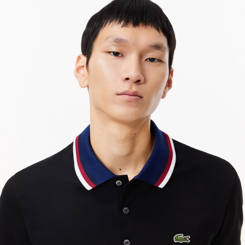 Men's Lacoste Regular Fit Contrast Collar Polo Shirts Black | XID723968