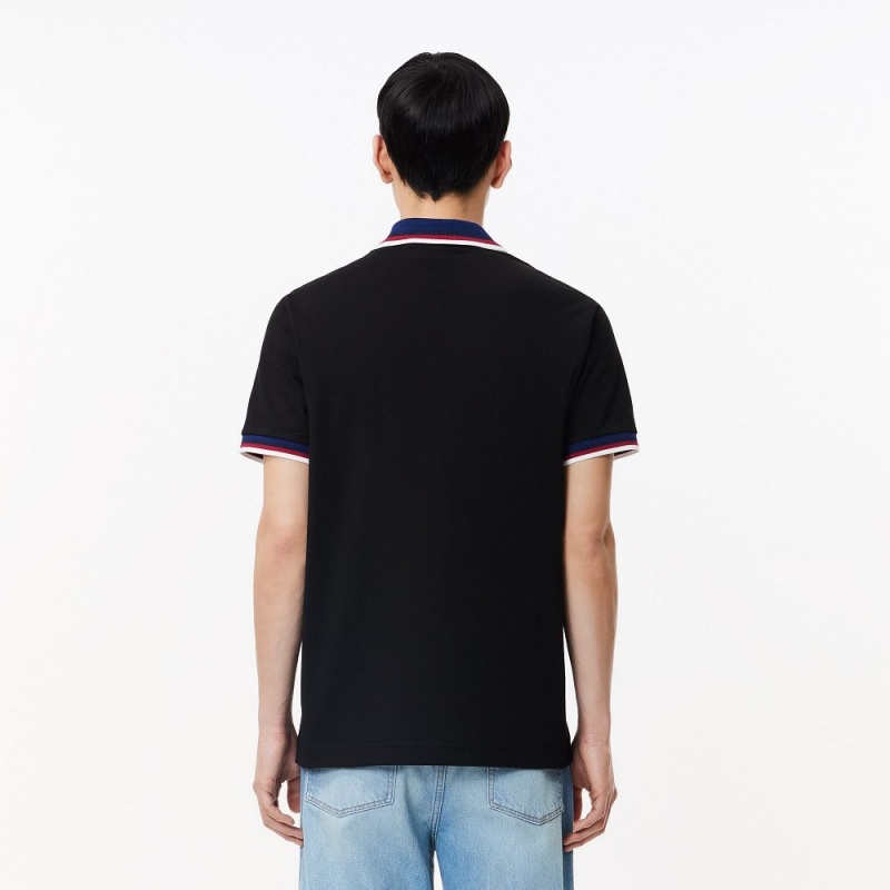 Men's Lacoste Regular Fit Contrast Collar Polo Shirts Black | XID723968