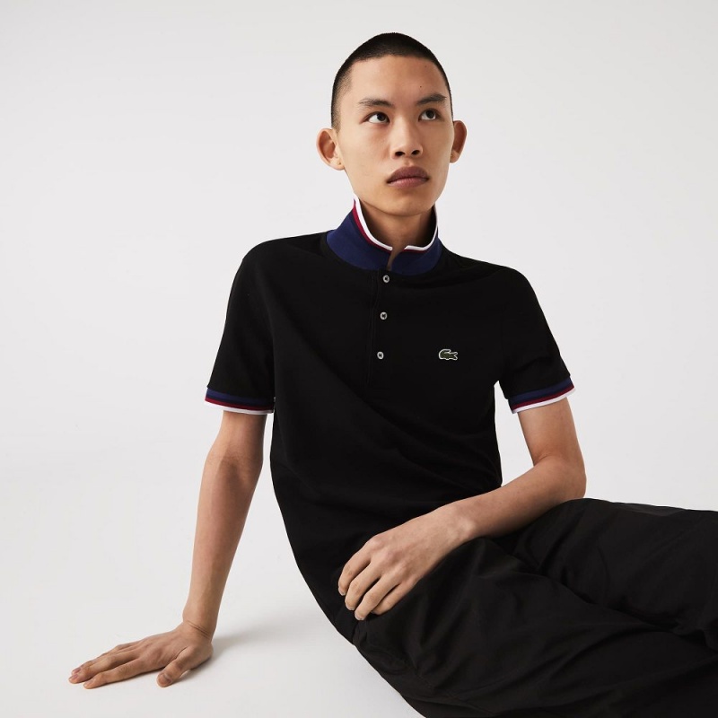 Men's Lacoste Regular Fit Contrast Collar Polo Shirts Black | XID723968