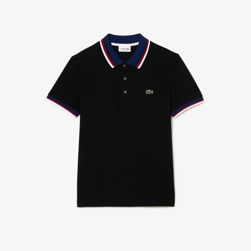 Men's Lacoste Regular Fit Contrast Collar Polo Shirts Black | XID723968