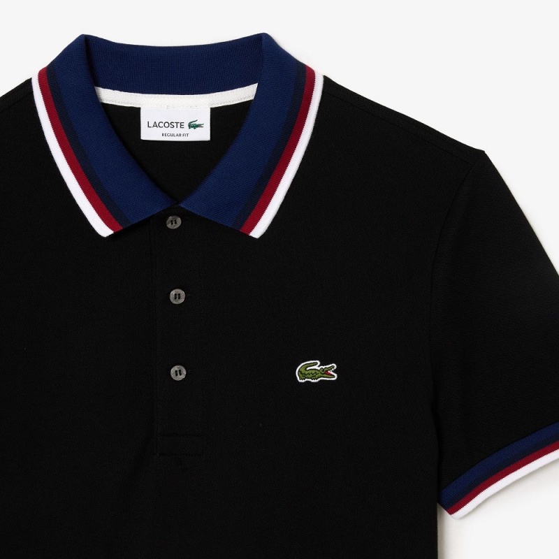 Men's Lacoste Regular Fit Contrast Collar Polo Shirts Black | XID723968