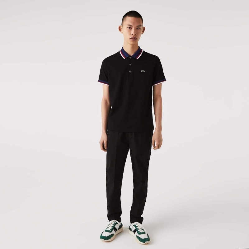 Men's Lacoste Regular Fit Contrast Collar Polo Shirts Black | XID723968