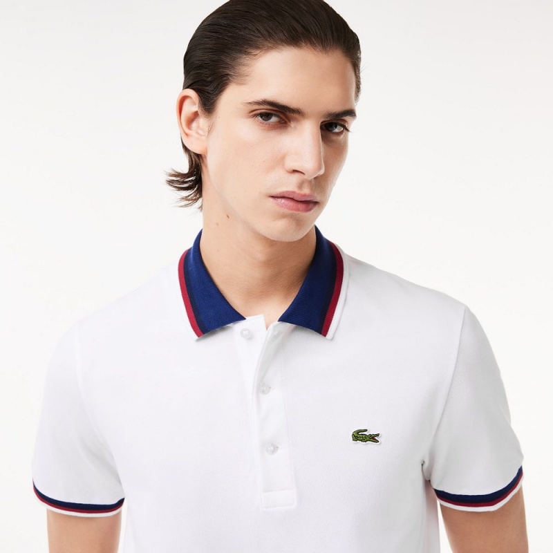 Men's Lacoste Regular Fit Contrast Collar Polo Shirts White | YNC860425