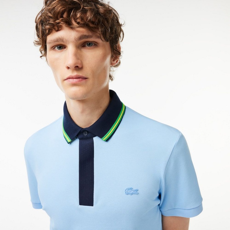 Men's Lacoste Regular Fit Contrast Neck Smart Paris Polo Shirts Pastel blue | ZHL970231