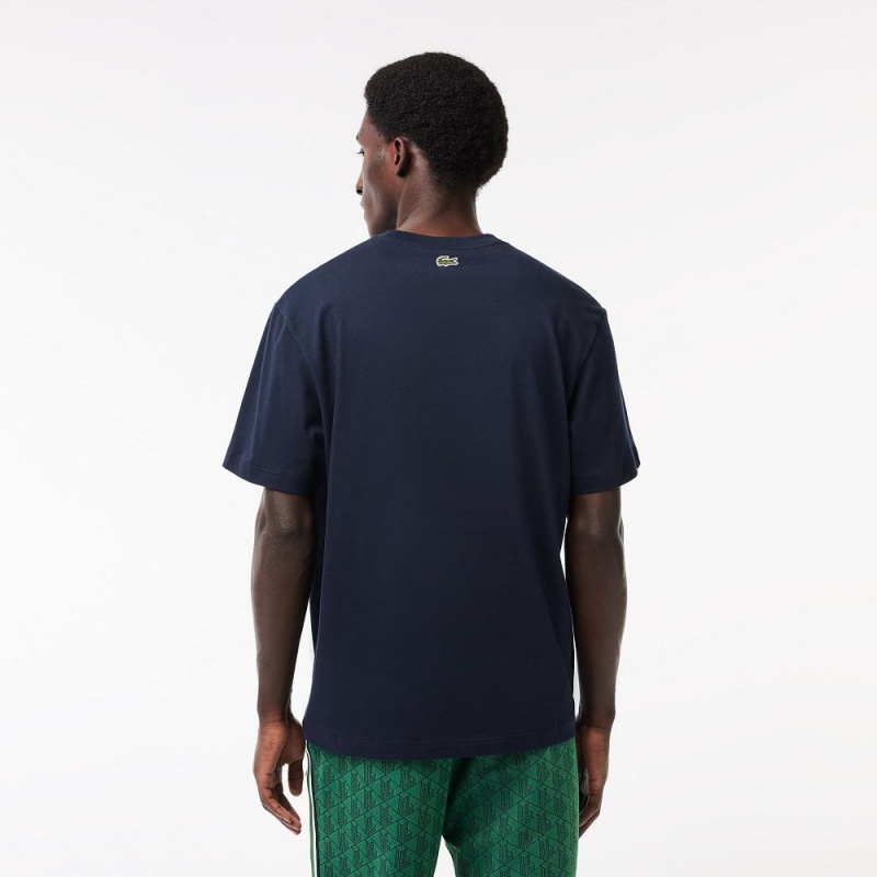 Men's Lacoste Regular Fit Cotton Monogram T-Shirt Navy Blue | WUL201485