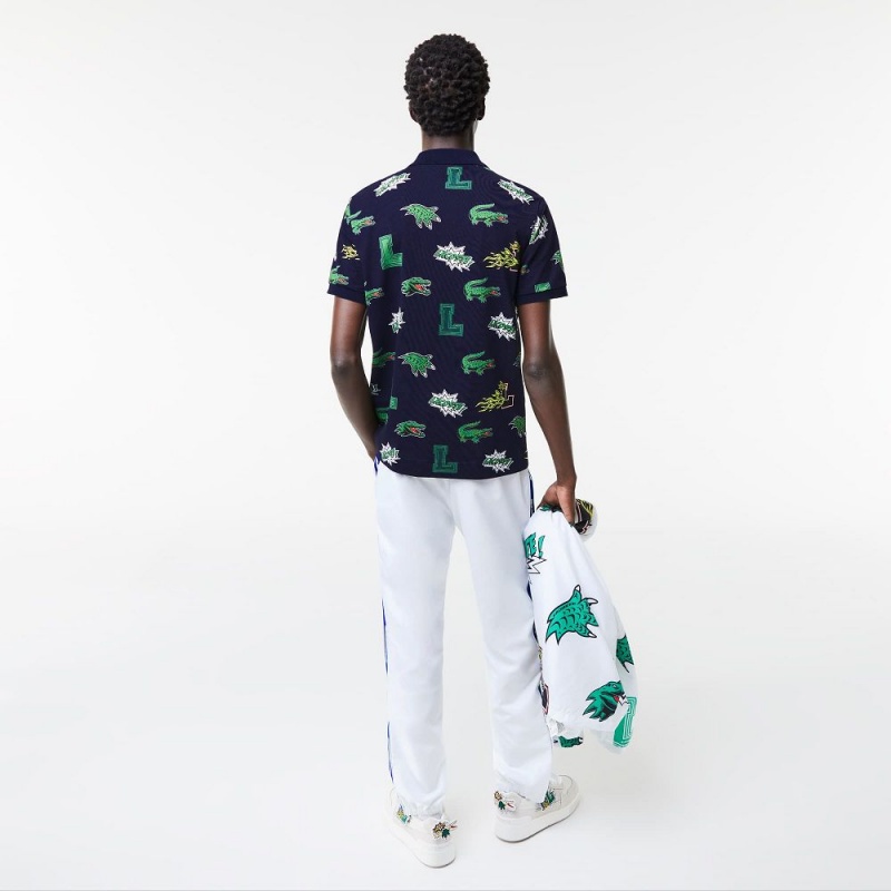 Men's Lacoste Regular Fit Crocodile Print Polo Shirts Navy Blue White | DWL756930