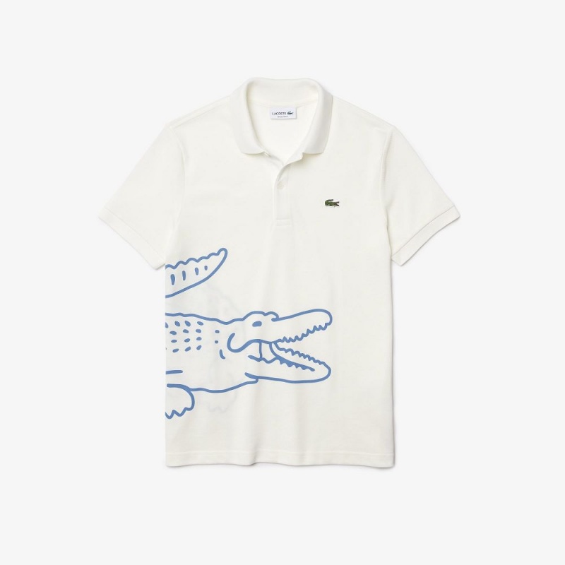 Men's Lacoste Regular Fit Crocodile Print Cotton Piqué Polo Shirts White | FZE710896