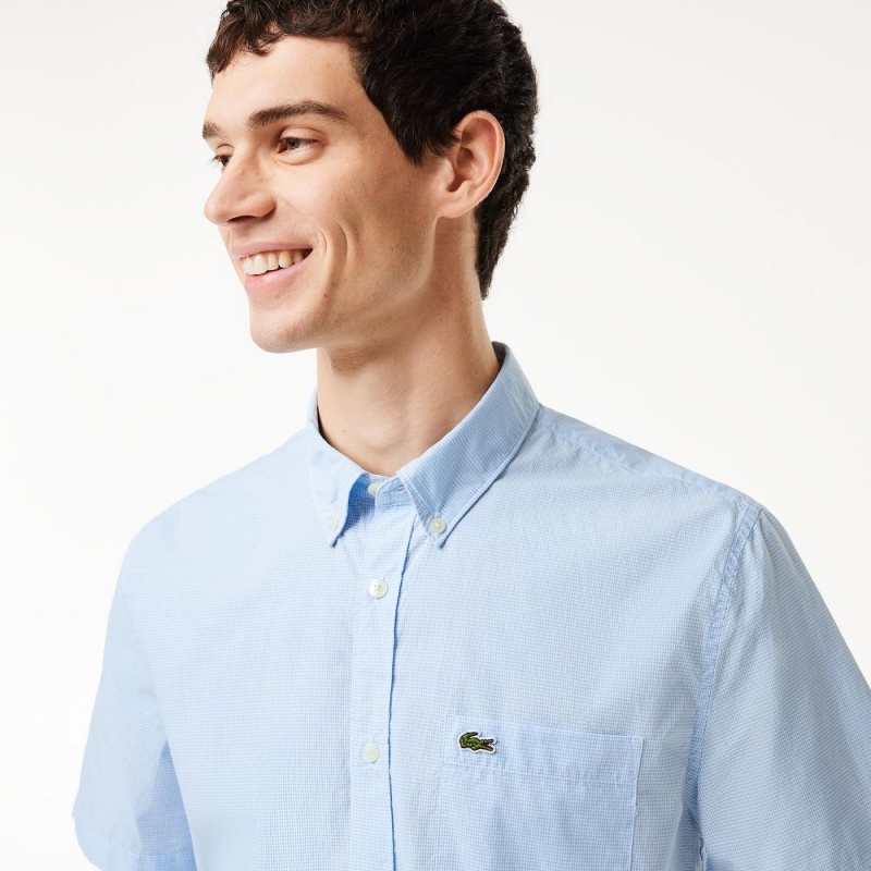 Men's Lacoste Regular Fit Gingham Print Shirt White Blue | DRM769281