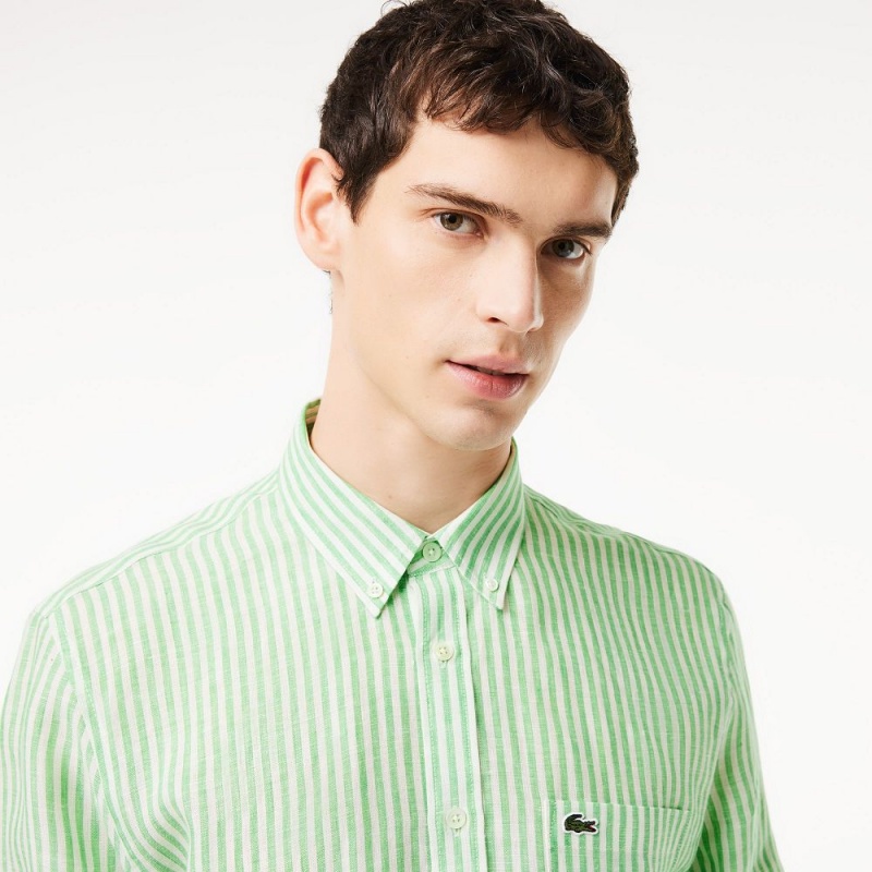 Men's Lacoste Regular Fit Linen Shirt White Green | JGV805397