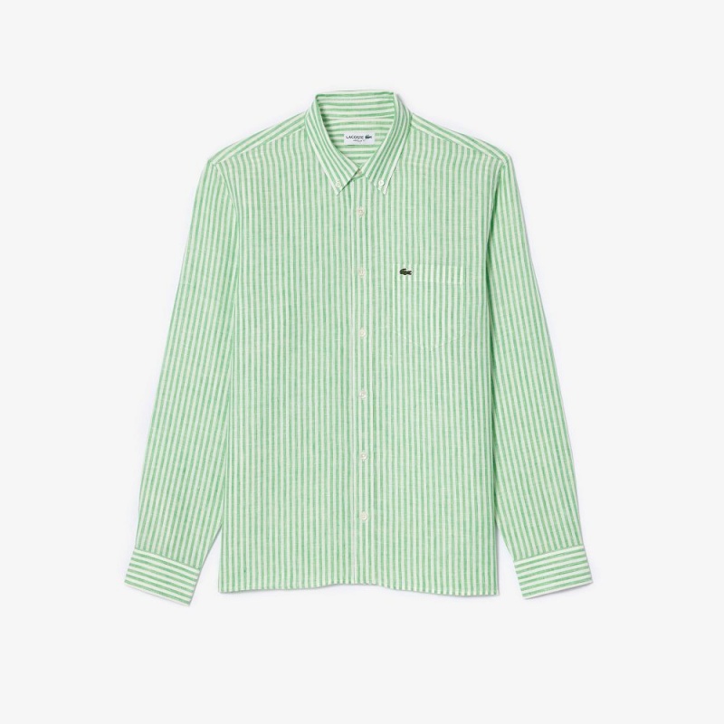 Men's Lacoste Regular Fit Linen Shirt White Green | JGV805397