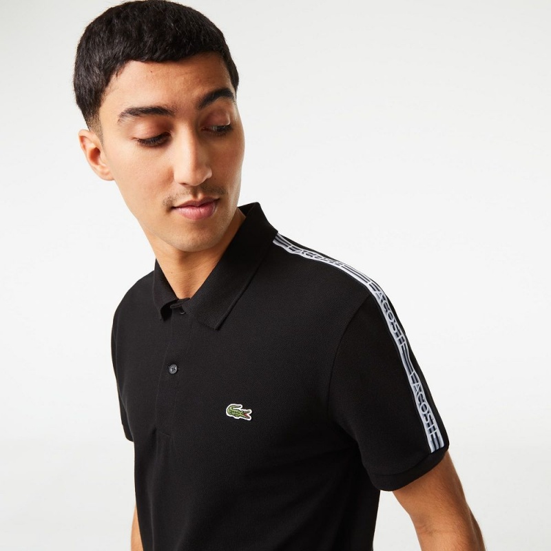 Men's Lacoste Regular Fit Logo Stripe Stretch Cotton Polo Shirts Black | XID870149