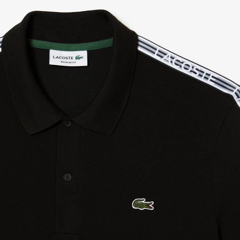 Men's Lacoste Regular Fit Logo Stripe Stretch Cotton Polo Shirts Black | XID870149