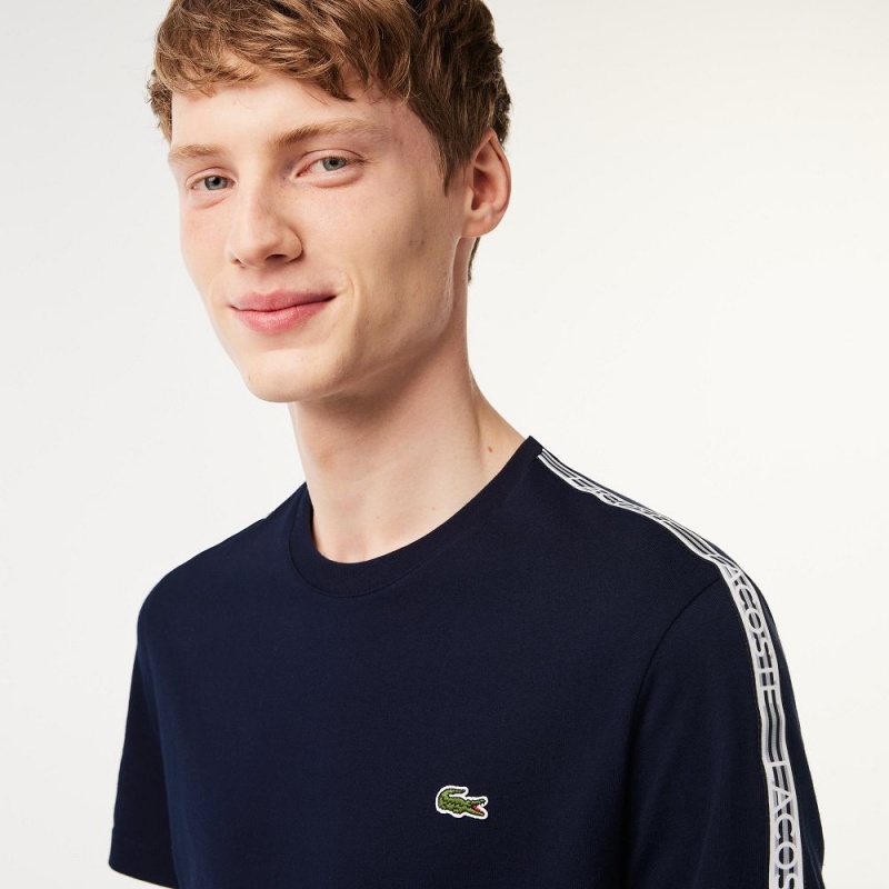 Men's Lacoste Regular Fit Logo Stripe T-Shirt Navy Blue | QZE326174