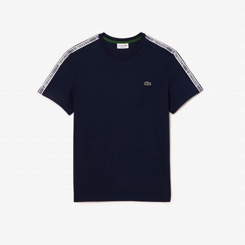 Men's Lacoste Regular Fit Logo Stripe T-Shirt Navy Blue | QZE326174