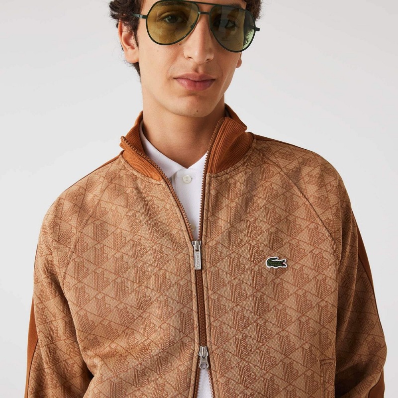 Men's Lacoste Regular Fit Monogram Zip-Up Sweatshirt Beige Brown | XVA790165