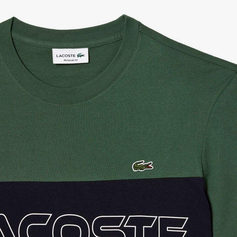 Men's Lacoste Regular Fit Printed Colorblock T-Shirt Dark Green Navy Blue | CES184365